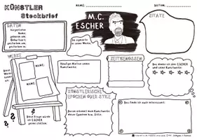 Vorschau - Arbeitsblätter - Beeindruckende Persönlichkeiten - Künstler Steckbrief - M. C. Escher - Grafiker / Mezzotintotechnik, Ornamentik, Parkettierung, unmögliche Figuren, Lithographie, optische Täuschung - Seite 3
