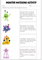 Aperçu - Feuilles d'exercices - Monster Matching Activity | Describing Myself | Read and Match - Page 1