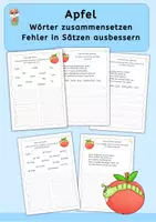 Vorschau - Arbeitsblätter - Apfel, Wörter zusammensetzen, Sätze richtig schreiben - Deckblatt