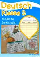 Vorschau - Spiele - ck oder tz Wortkärtchen - Wörter sortieren - Wörter mit ck und tz klasse 3 - Deckblatt