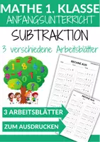 Vorschau - Arbeitsblätter - Subtraktion - 3 Arbeitsblätter - Spiel - 1. Klasse Mathematik - Deckblatt