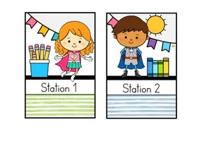 Vorschau - Präsentationen/Tafelbilder - Stationsschilder für Stehrahmen – Stationenbetrieb - Superheldenklasse - Seite 1