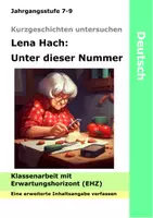 Vorschau - Klassenarbeiten - Lena Hach "Unter dieser Nummer" Kurzgeschichte Inhaltsangabe Klassenarbeit - Deckblatt