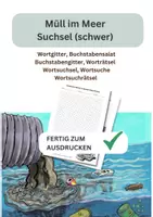 Vorschau - Arbeitsblätter - Müll im Meer, Suchsel, schwer, Wortgitter, Buchstabensalat, Buchstabengitter, Wortsuchrätsel, Wortsuche, Worträtsel, Wortsuchsel - Deckblatt