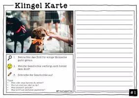Vorschau - Arbeitsblätter - Kreativer Schreibimpuls - Bildbeschreibung Klingel Karten FrauCuppaTea - Seite 1