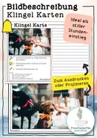 Vorschau - Arbeitsblätter - Kreativer Schreibimpuls - Bildbeschreibung Klingel Karten FrauCuppaTea - Deckblatt