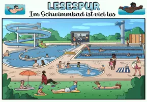 Aperçu - Feuilles d'exercices - Piste de lecture "Im Schwimmbad ist viel los" plus version interactive - Allemand / Deutsch - Page 1
