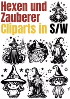 Vorschau - selbst erstellte Cliparts/Grafiken - Cliparts - Hexen und Zauberer - in Schwarz-Weiß - kommerziell nutzbar - Teil des MEGAPAKETS ZAUBEREI - Deckblatt