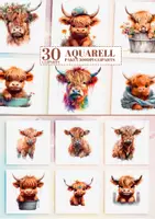 Vorschau - selbst erstellte Cliparts/Grafiken - 30 Aquarell Highland Cow Clipart, Kindergarten Wandkunst PNG - Deckblatt