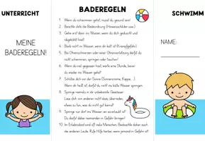 Vorschau - Arbeitsblätter - Folder Baderegeln - Schwimmen - Schwimmregeln - Baderegeln Regeln für den Schwimmunterricht - Seite 1