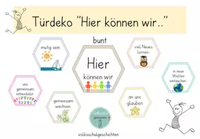 Vorschau - Poster - Türdeko Sechsecke "Hier können wir" - bunte Variante - Deckblatt