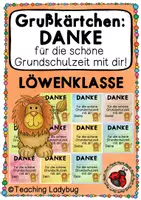 Vorschau - Bildkarten - Grußkärtchen Löwenklasse - DANKE für die schöne Grundschulzeit mit dir! - Deckblatt