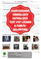 Vorschau - Arbeitsblätter - Test – Unterschiedliche Konfessionen / Evangelisch / Katholisch mit Lösung und EWH - Deckblatt