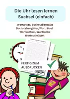 Vorschau - Arbeitsblätter - Die Uhr lesen lernen, Suchsel, einfach, Wortgitter, Buchstabensalat, Buchstabengitter, Wortsuchrätsel, Wortsuche, Worträtsel, Wortsuchsel - Seite 1