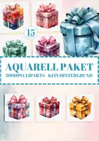 Vorschau - selbst erstellte Cliparts/Grafiken - Geschenkbox Aquarell Clipart - 15 festliche Geschenk PNG Designs - Deckblatt