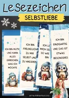 Vorschau - Mal- und Bastelvorlagen - Lesezeichen mit positiven Affirmationen über Selbstliebe mit niedlichen Pinguin-Motiven in der Weihnachtszeit - Seite 1