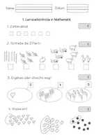 Vorschau - Test - Lernzielkontrolle (Mengen bis 6, Würfel, Lagebeziehungen) - Seite 1