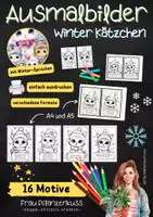 Vorschau - Mal- und Bastelvorlagen - Winter Kätzchen Ausmalbilder mit Sprüchen zum Thema Winter - Seite 1