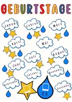 Vorschau - Mal- und Bastelvorlagen - Geburtstagskalender für den Klassenraum - Wolken-Regentropfen-Sterne - Deckblatt