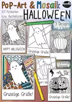 Vorschau - Mal- und Bastelvorlagen - Halloween - Pop-Art & Mosaik DIY Postkarten / Gespenst Geist - Deckblatt