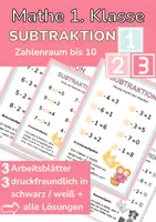 Vorschau - Arbeitsblätter - Subtraktion 1. Klasse Mathematik - 3 Arbeitsblätter - Deckblatt