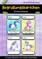 Vorschau - Bildkarten - Begrüßungskärtchen - Einhorn für die Einhornklasse - Willkommensgruß - Deckblatt