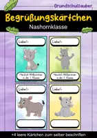 Vorschau - Bildkarten - Begrüßungskärtchen - Nashorn für die Nashornklasse - Willkommensgruß - Deckblatt