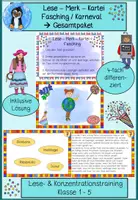 Vorschau - Spiele - Lese-Merk-Kartei Fasching, Karneval, Gesamtpaket, Lesetraining, differenziert, Klasse 1-5 - Deckblatt
