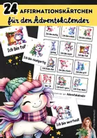Vorschau - Mal- und Bastelvorlagen - 24 Affirmationskärtchen für den Adventskalender Einhörner - Deckblatt