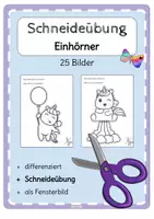 Vorschau - Mal- und Bastelvorlagen - Ausmalbilder Schneideübung Fensterbilder EINHORN - Einhörner - Deckblatt