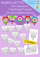 Vorschau - Mal- und Bastelvorlagen - Wimpelkette Fasching, Karneval Clowns, zum Ausmalen und Basteln - Deckblatt