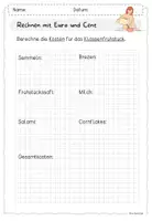 Vorschau - Arbeitsblätter - Geld Rechnen mit Euro und Cent / Klassenfrühstück - Seite 1