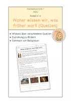 Vorschau - Arbeitsblätter - Infotext Quellen (Woher wissen wir, was früher war?): Sachquellen, Schriftquellen, Bildquellen, mündliche Quellen - Deckblatt