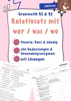 Vorschau - Arbeitsblätter - Relativsatz mit wer was wo wohin woher Übungen Theorie PDF - Deckblatt