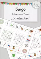 Vorschau - Stationenlernen - Bingo, Anlautspiel zum Thema "Schulsachen" - Deckblatt