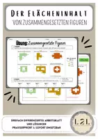 Vorschau - Arbeitsblätter - Der Flächeninhalt von zusammengesetzten Figuren (Differenziertes Arbeitsblatt und Lösungen) - Deckblatt