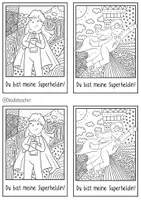 Vorschau - Mal- und Bastelvorlagen - Superheld / Heldin - DIY Pop-Art Postkarten / Vatertag und Muttertag Superheldin - Seite 1