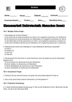 Vorschau - Arbeitsblätter - Klassenarbeit Elektrotechnik: Ohmsches Gesetz - Deckblatt