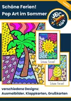 Vorschau - Mal- und Bastelvorlagen - 🌴 Schöne Ferien: Pop Art Ausmalbilder Sommer - Grußkarten Klappkarten - Deckblatt