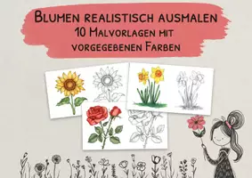 Vorschau - Mal- und Bastelvorlagen - Blumen realistisch ausmalen - 10 Malvorlagen mit vorgegebenen Farben - Deckblatt