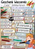 Vorschau - Mal- und Bastelvorlagen - Wassereis Geschenk - "Coole Sommerferien" / Schuljahresende / Ferien Feriengruß / Zeugnis - Deckblatt