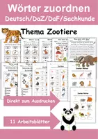 Vorschau - Arbeitsblätter - Wörter zuordnen Zootiere, Wortschatz - DaZ/DaF, Deutsch - Deckblatt