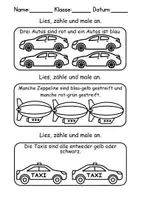 Vorschau - Arbeitsblätter - GRATIS Fahrzeuge Lesen, schneiden, malen - DaZ/DaF, Deutsch, Kunst, Zählen - Seite 1