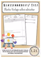 Vorschau - Test - Blanko Vorlage für Leistungsnachweise (Klassenarbeiten, Tests,...) - Editierbares Word-Datei - Deckblatt