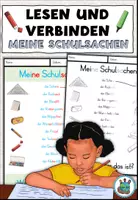 Vorschau - Arbeitsblätter - Lesen und verbinden "Meine Schulsachen" - In Silbenschrift - DaZ / DaF / Deutsch - Deckblatt
