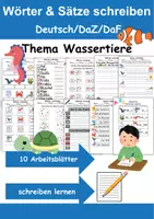 Vorschau - Arbeitsblätter - Tiere im Wasser Wörter und Sätze schreiben DaZ/DaF, deutsch - Deckblatt