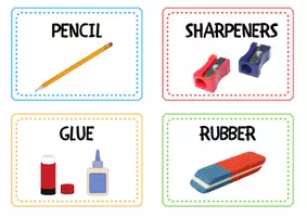 Vista previa - Juegos / Gamificación - School supplies flashcards! (pencils, paint brushes...) - página 1