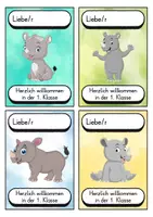 Vorschau - Bildkarten - Begrüßungskärtchen - Nashorn für die Nashornklasse - Willkommensgruß - Seite 1