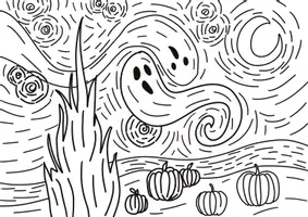 Vorschau - Arbeitsblätter - Spooky starry night - Ausmalbild - Seite 1