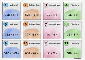 Vorschau - Arbeitsblätter - Grundrechenarten Aufgabenkarten Addition, Subtraktion, Multiplikation und Division inklusive Lösungen - Seite 2